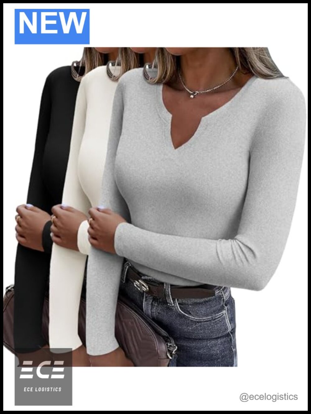 Women's Long Sleeve Rib Knit V-Neck Slim Fit Stretch Basic Tunic Top